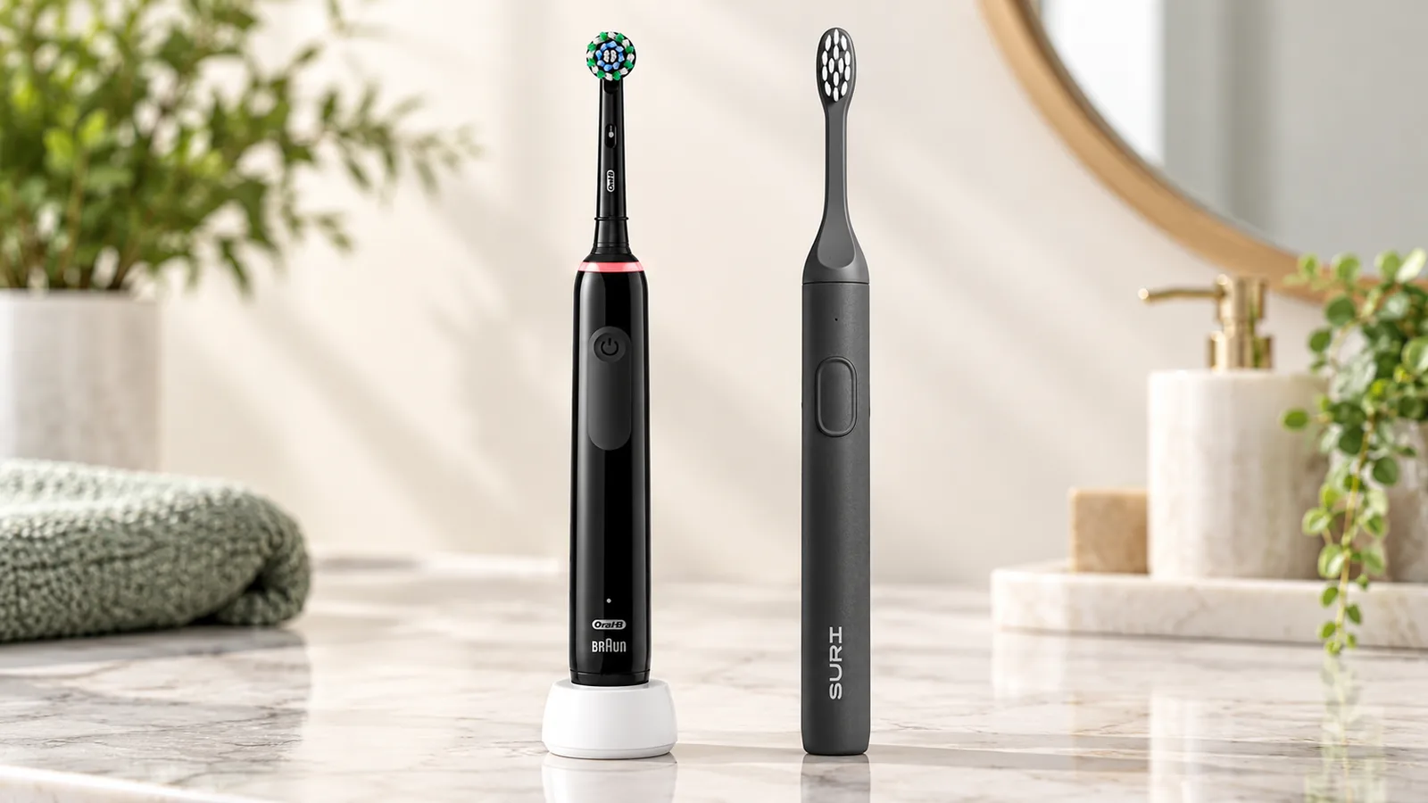 Oral-B Pro 3 3500 and SURI 2.0 electric toothbrushes shown side by side for comparison.