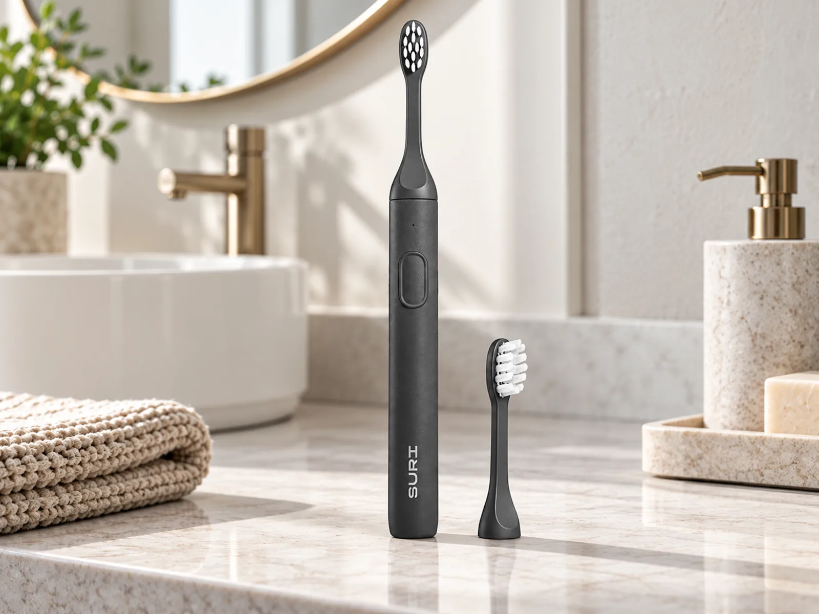 SURI 2.0 electric toothbrush with its plant-based brush head on a bathroom counter.