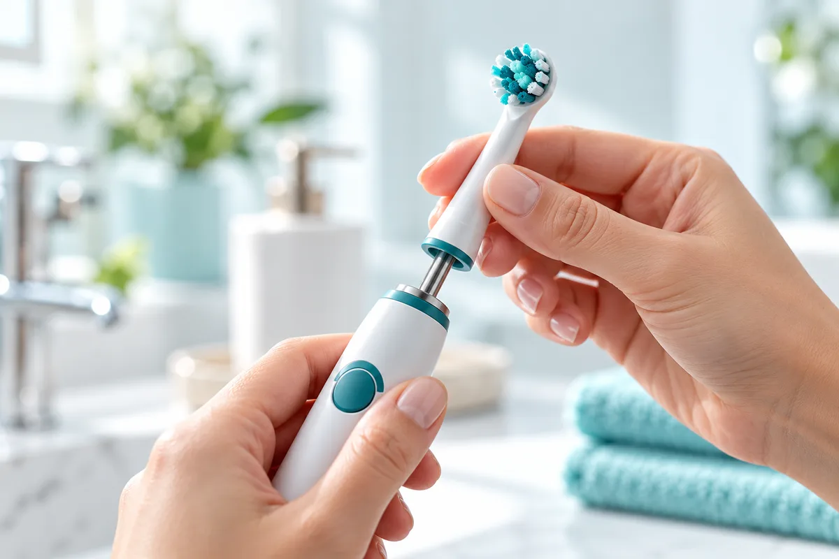 Snapping a replacement brush head onto an electric toothbrush handle
