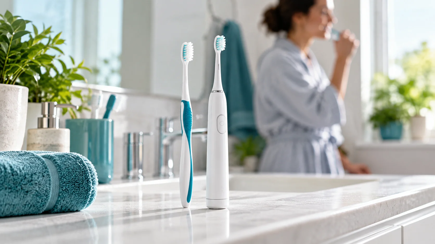 An unbranded electric toothbrush and manual toothbrush side by side on a bright bathroom counter.