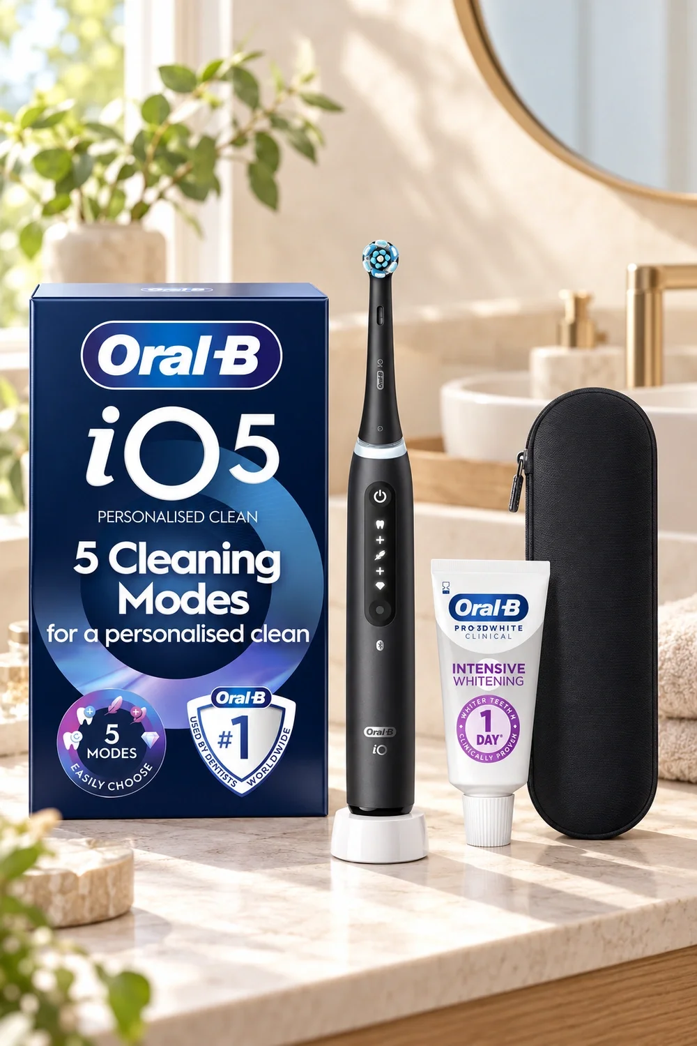 Oral-B iO5 Matt Black electric toothbrush with travel case and toothpaste in a modern bathroom lifestyle setting