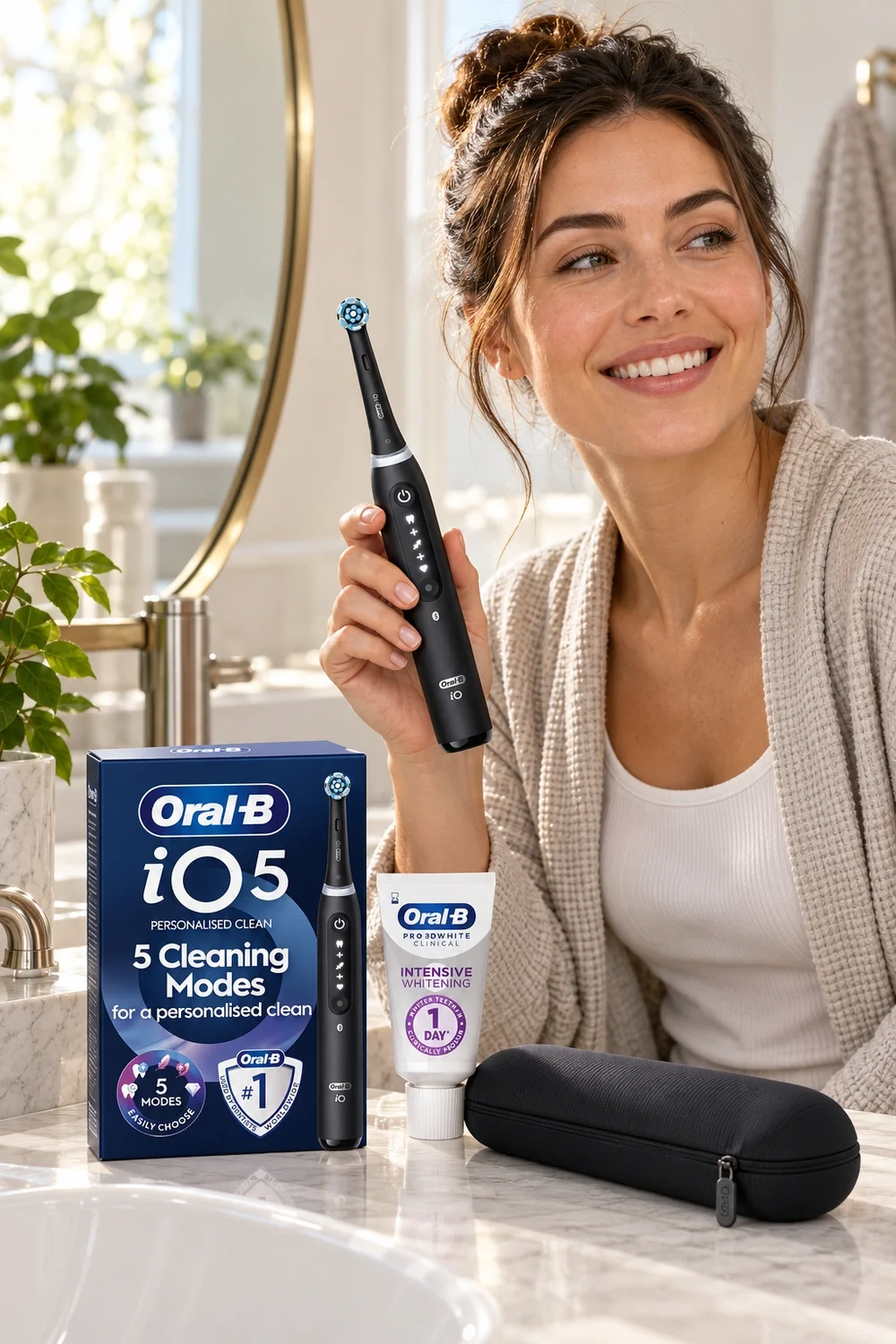 Oral-B iO5 Matt Black electric toothbrush shown in a daily oral care routine