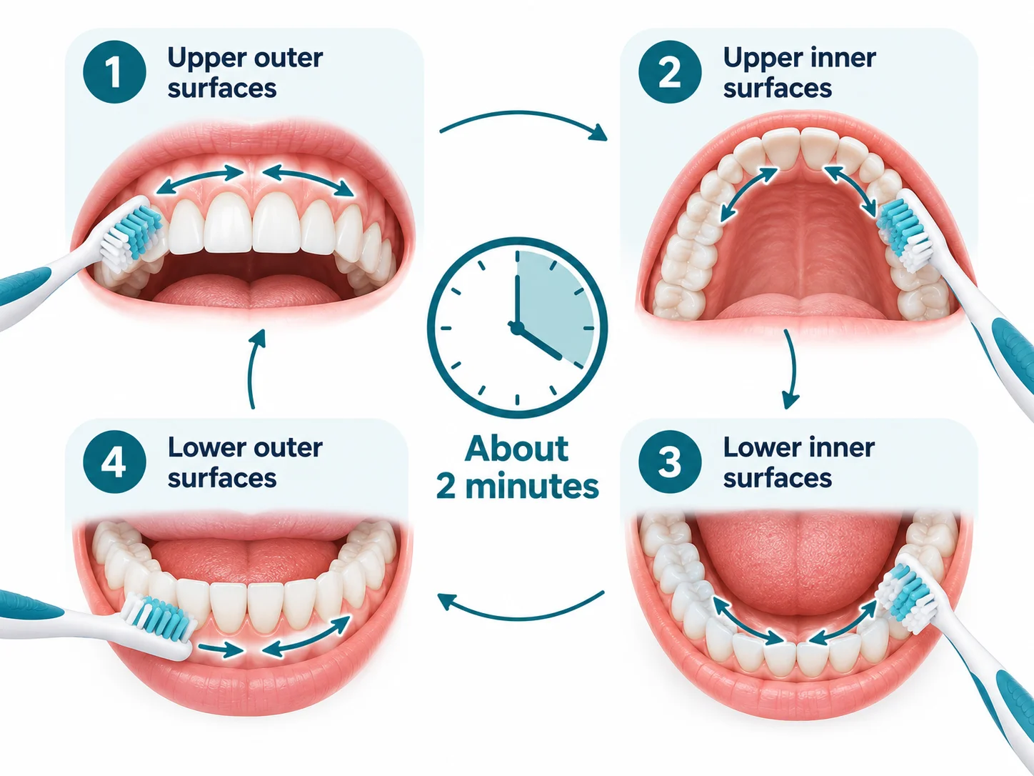 Simple diagram showing a methodical two-minute routine that covers all areas of the teeth.